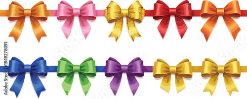 Colorful Ribbons and Bows Vector Set Featuring Pink, Red, Yellow, Green, and Blue Bows for Gift Wrapping and Party Decorations