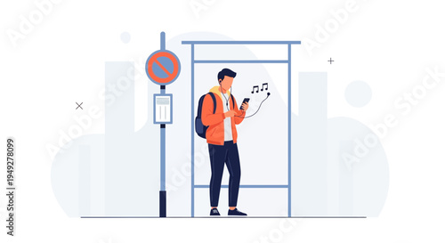 Young man listening to music on smartphone at bus stop, urban commute illustration
