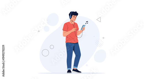Young Man Listening to Music on Smartphone with Headphones and Musical Notes