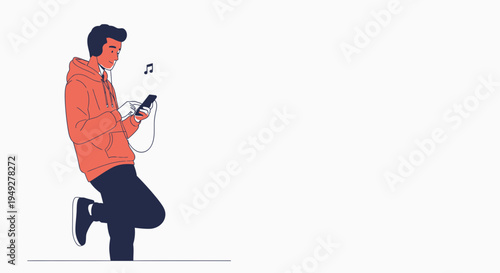 Young Man Listening to Music on Smartphone with Headphones, Leaning Against Wall