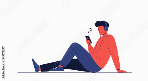 Young Man Listening to Music on Smartphone with Headphones, Relaxing