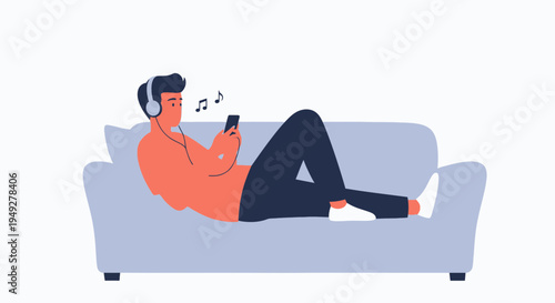Young man relaxing on sofa listening to music on smartphone with headphones