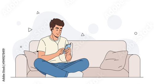 Young man relaxing on sofa listening to music on phone with headphones