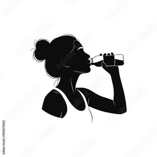 Hydrating Woman Drinking from a Bottle – Active Refreshment Outline Illustration