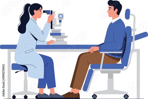 Optometrist Eye Examination Vector Featuring Doctor and Patient with Microscope for Vision Testing and Eye Care
