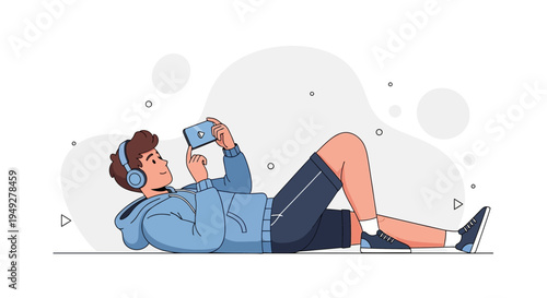 Young Man Relaxing with Headphones and Smartphone, Digital Entertainment