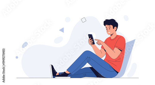 Young man sitting and using smartphone, modern flat illustration, casual lifestyle