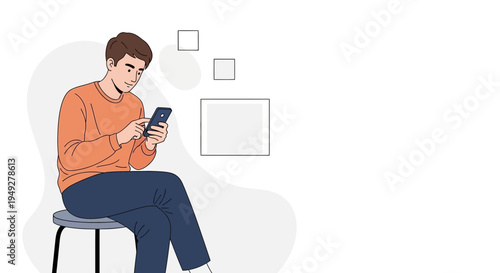 Young man sitting on stool, using smartphone, with blank squares floating