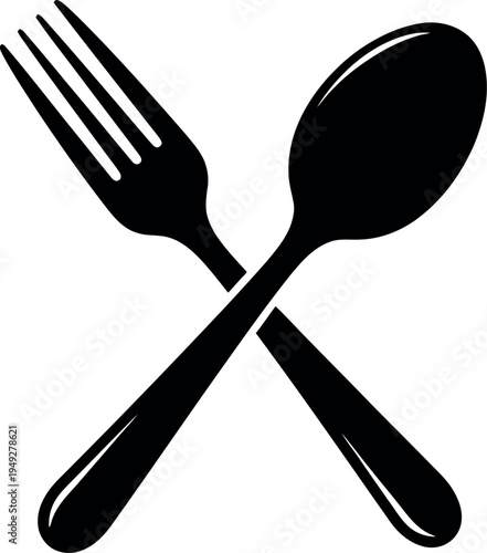Black silhouette of a fork and spoon crossed, symbolizing dining, eating, or kitchen utensils.