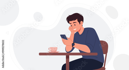 Young man smiling while using smartphone at cafe table with coffee cup