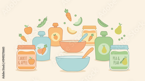 Assortment of colorful baby food jars, pouches, and bowls with fruits and vegetables