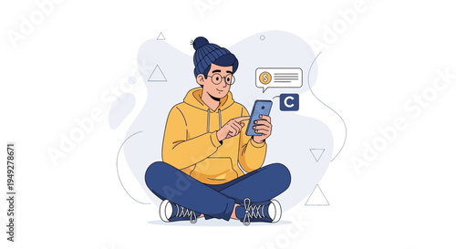 Young man using smartphone for online communication and cryptocurrency transactions