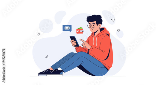 Young man using smartphone for online shopping and communication, modern illustration