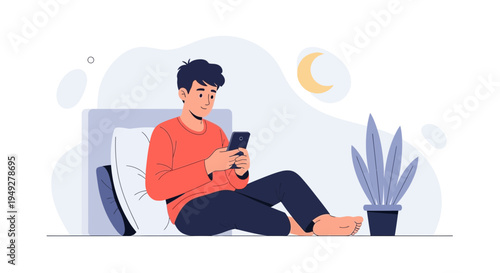 Young man using smartphone in bed at night, relaxing with technology