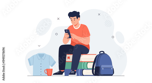 Young man using smartphone while sitting on books, with backpack and shirt nearby