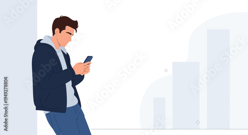 Young man using smartphone, leaning against wall with abstract bar chart background