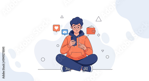 Young man using smartphone, social media icons and wallet symbol, online communication concept