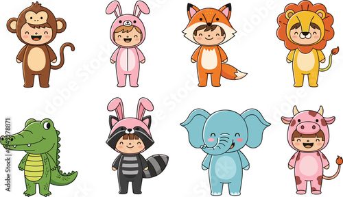 Cute Animal Costumes Vector Set Featuring Children in Monkey, Rabbit, Fox, Lion, Raccoon, Elephant, and Cow Costumes