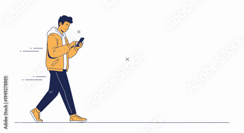 Young man walking and using smartphone, minimalist illustration, modern lifestyle