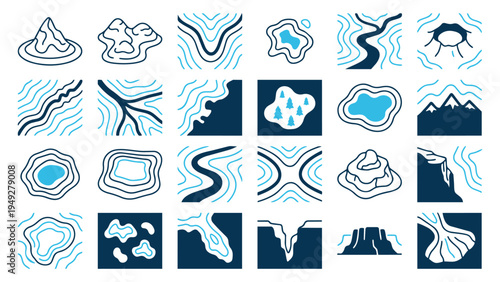 Geographic Landscape and Terrain Feature Icons Including Mountains, Rivers, and Valleys