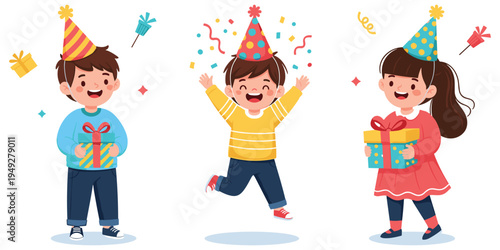 Children birthday party illustration, festive artwork with kids gifts confetti streamers celebration hats joyful happiness design vector