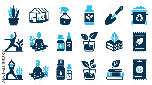 Gardening Wellness and Yoga Icon Set with Plants and Essential Oils