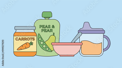 Flat illustration of various baby food and drink items for infant feeding.