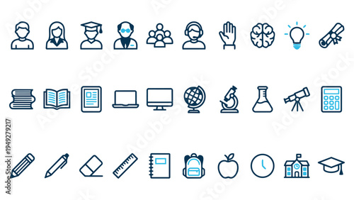 School and Academic Icon Collection Featuring Students Teachers and Classroom Tools