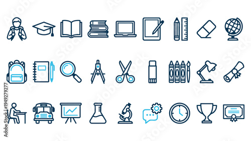 Education and School Supplies Outline Icon Set for Learning and Science