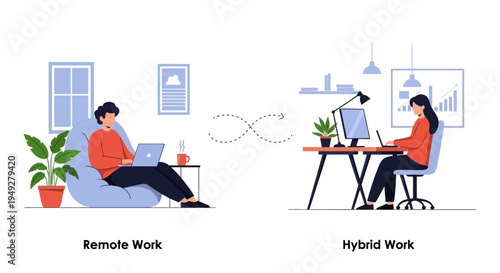 Remote Work vs. Hybrid Work Models Illustration: Flexibility, Home Office & Modern Employment Trends