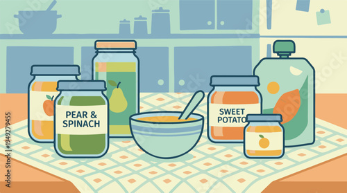 Healthy pureed baby food in jars and a pouch on a kitchen table