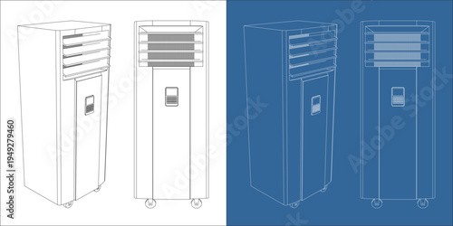 Isometric Perspective 3D View Portable Standing Air Conditioner Technical Drawing Blueprint