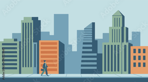 Minimalist city street scene with businesswoman walking past modern buildings