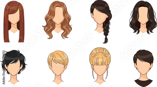 Various Hairstyles Vector Set Featuring Long, Short, Curly, Braided, and Straight Hair Designs for Fashion and Hair Styling