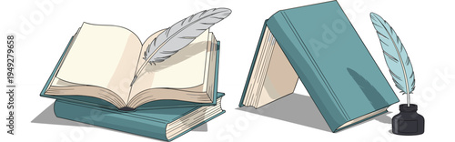 Open Books with Feather Quill and Ink Bottle in Elegant Vector Style, Perfect for Writing and Literature Themes