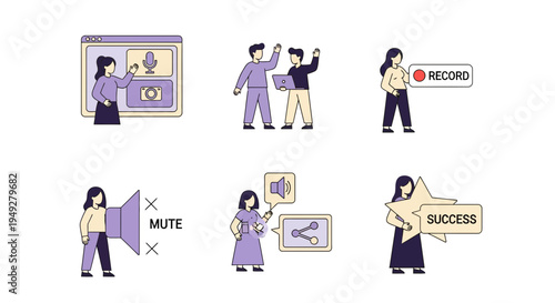 Six distinct icons illustrating digital interface actions using stylized people