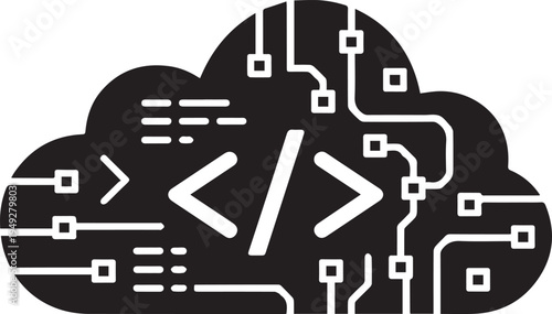 Cloud computing development icon featuring code brackets and circuit board lines representing software engineering and cloud native systems