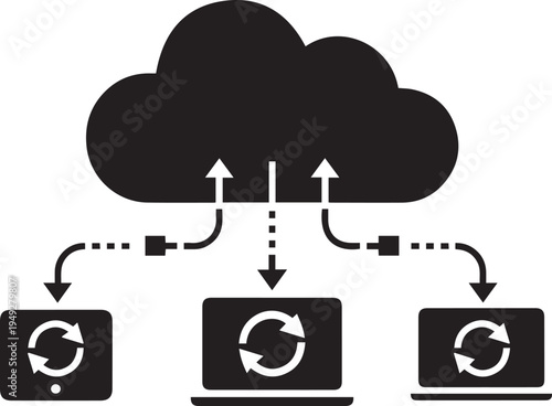 Cloud computing synchronization concept with arrows connecting mobile tablet and laptop devices for data storage and backup management systems
