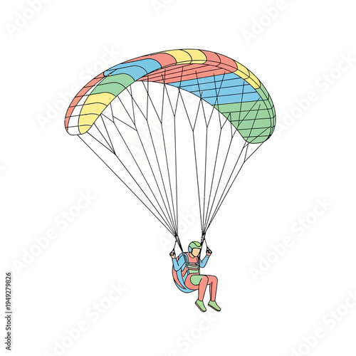 Paragliding adventurer soaring through the sky with a colorful parachute, isolated on white.