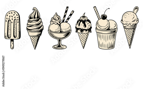 Ice Cream Dessert Vintage Engraved Hand Drawn Sweet Frozen Scoop Bowl Menu Restaurant Sketch Vector Illustration Isolated Retro Confection Summer Treat Flavor Food Graphic Art