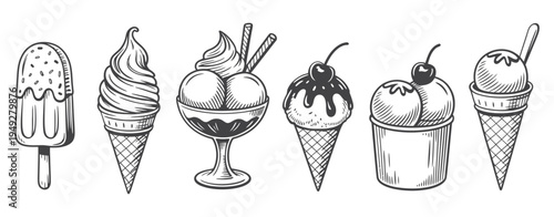 Ice Cream Dessert Vintage Engraved Hand Drawn Sweet Frozen Scoop Bowl Menu Restaurant Sketch Vector Illustration Isolated Retro Confection Summer Treat Flavor Food Graphic Art