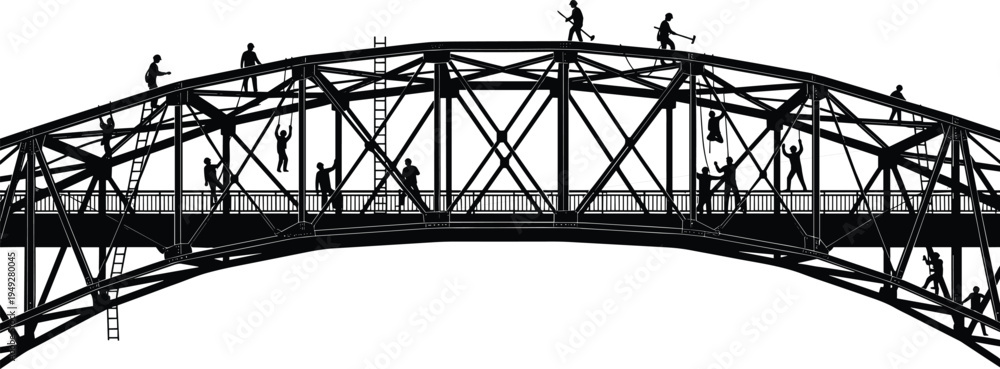 Fototapeta premium Bridge construction workers silhouette showing engineers and laborers building steel arch bridge structure, industrial teamwork concept representing 