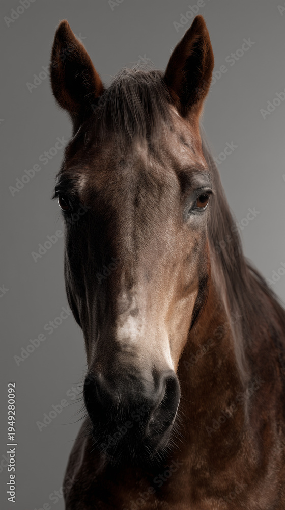 Fototapeta premium Porträt eines braunen Pferdes isoliert auf hellem Hintergrund mit Copyspace. Detailreiche Tieraufnahme für Reitsport, Tierfotografie, Pferdezucht und ländlichen Lifestyle.