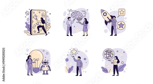 Six illustrations depict business concepts mobile interaction idea exchange launch innovation goal setting and global search