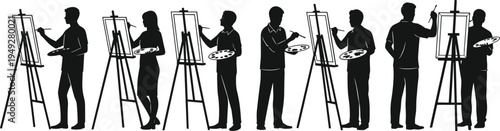 Artist painting on easel silhouette set, painters holding palette and brush creating artwork on canvas, art studio activity isolated vector illustration for creative design