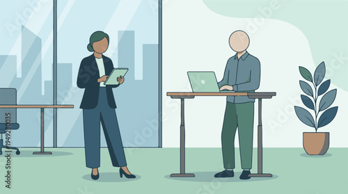 Business people working productively at standing desks in a modern office