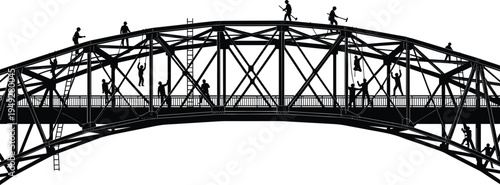 Bridge construction workers silhouette showing engineers and laborers building steel arch bridge structure, industrial teamwork concept representing 