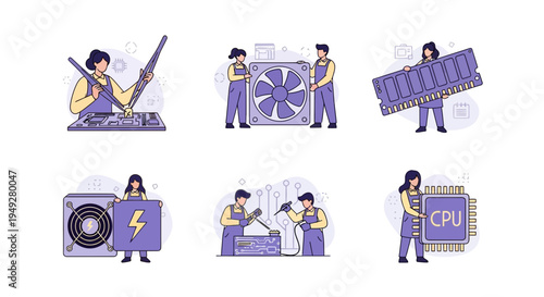 Six illustrations depict people assembling or repairing computer hardware components