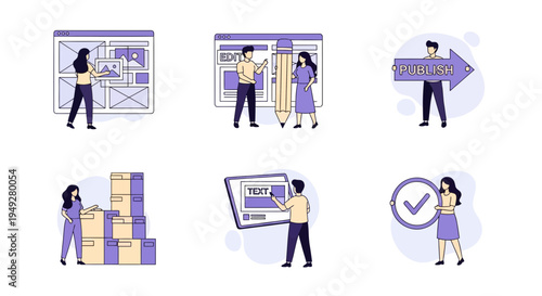 Six illustrations depicting design editing publishing storage text input and verification processes