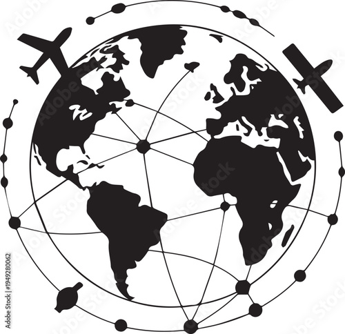 Global network map with earth globe and transportation icons representing international travel logistics shipping and worldwide connectivity